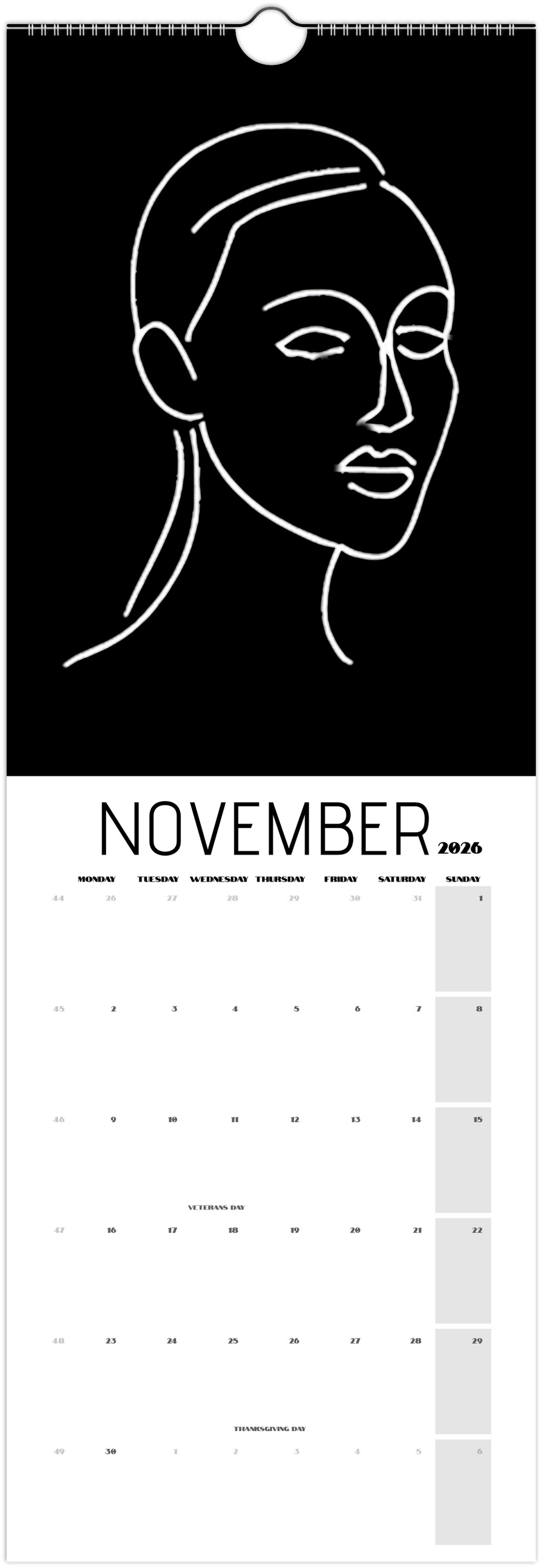 Front Facing 2026 Black Wall Calendars (US & CA)